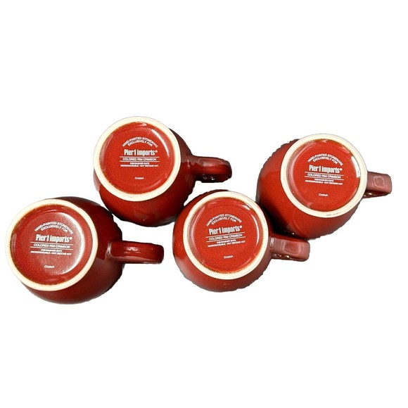 Pier 1 Hand Painted Stoneware Colored Rim Crimson Coffee Mugs Set of 4 Mugs - Picture 7 of 7